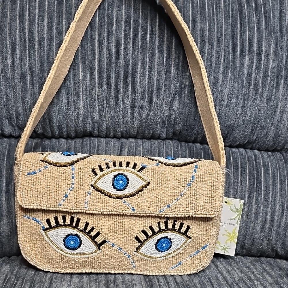 Beaded Eye Design Tan Shoulder Bag